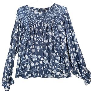 Lucky Brand Womens Blouse Blue & White Floral Ruffle Sheer Long Sleeves Small
